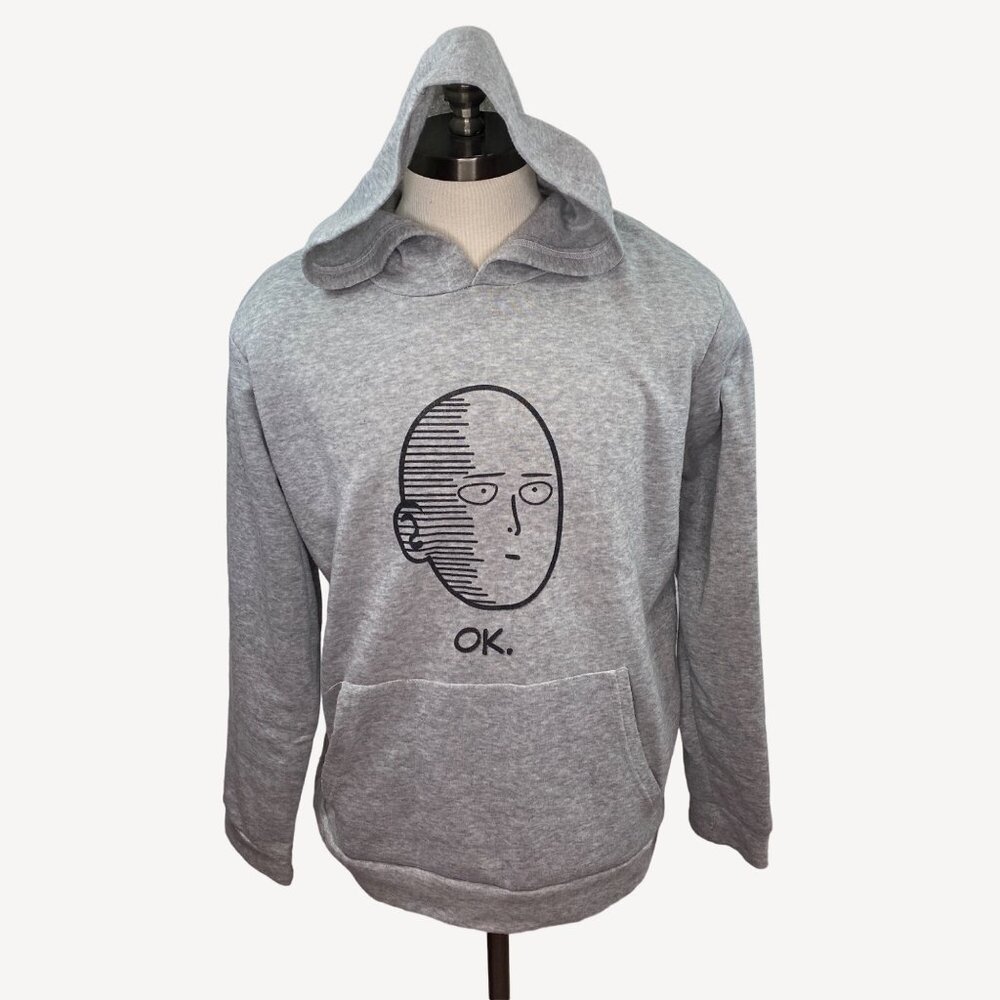 One Punch Man Anime Unisex Gray Hooded Sweatshirt "OK." Face Print